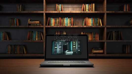 笔记本电脑场景背景图片_带有笔记本电脑横幅的黑色架子背景的 3D 插图