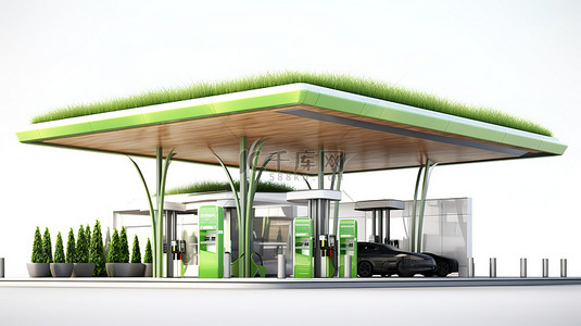 加油站新能源背景图片_白色背景上孤立的生物燃料加油站的 3d 插图