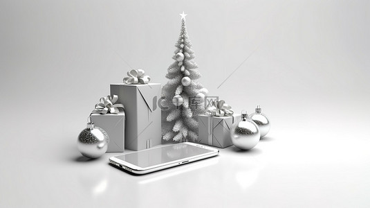 白色圣诞树背景图片_带有圣诞树装饰和礼物的手机的节日白色 3D 渲染