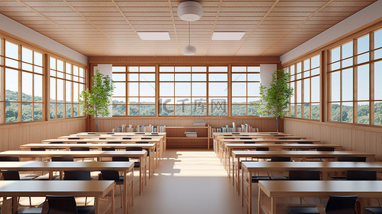 无人居住的日式教室内部的 3D 效果图