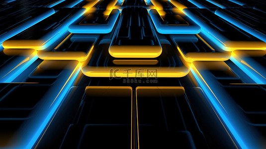 金色流光动态背景图片_抽象 3D 背景，具有蓝色和黄色霓虹灯线相交的特点