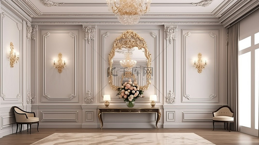优雅的酒店接待厅 3D 渲染与美丽的墙壁装饰