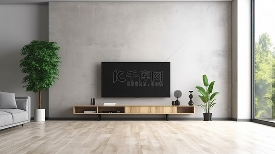 宽敞客厅混凝土地板上智能电视样机的 3D 渲染