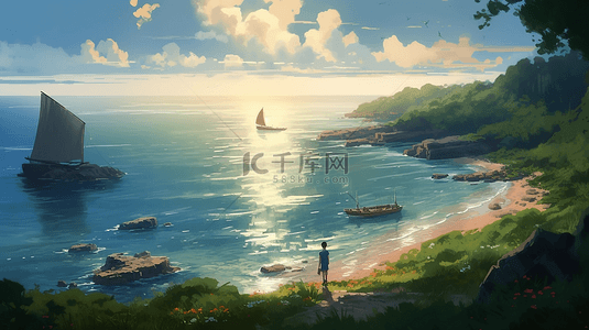 天空海洋沙滩背景图片_帆船小岛绿化天空海洋水面背景