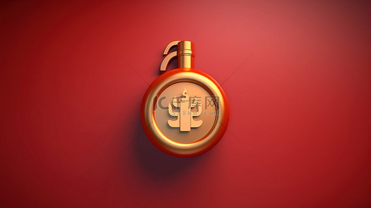 灭火器图标 红色哑光板上金色灭火器的 3D 渲染符号