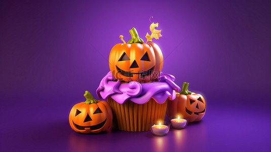 饼美食背景图片_怪异的纸杯蛋糕 3D 插图万圣节美食，紫色背景下有可爱的南瓜装饰