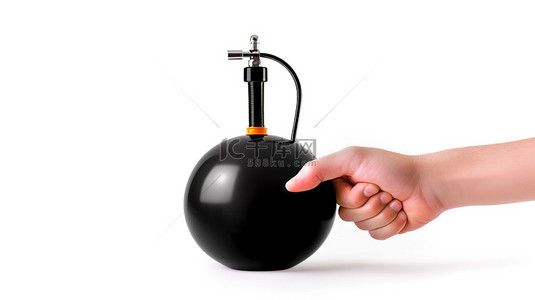 灵感上新背景图片_成功充气 3D 渲染黑色手气泵在白色背景上打气气球