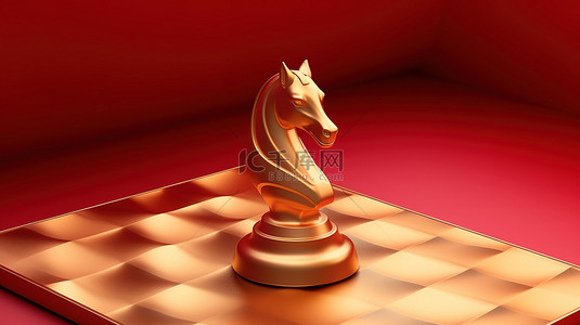 红色哑光金板上的金色国际象棋骑士图标 3D 渲染的社交媒体符号
