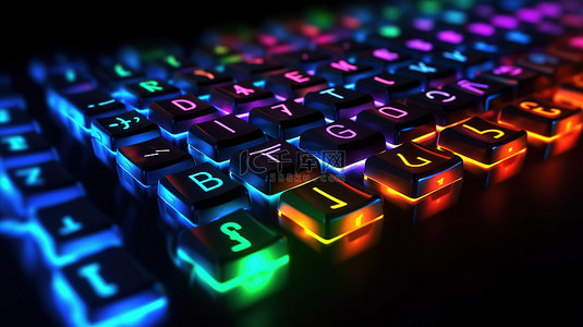 蓝色水字母背景图片_黑色背景下发光键盘字母的 3D 渲染