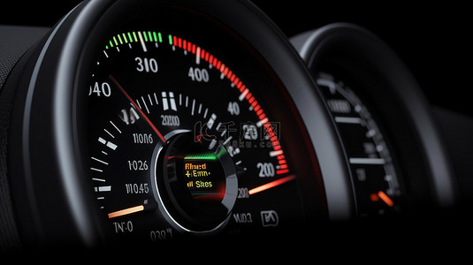 黑色汽车面板的特写，配有数字转速表和车速表，在 3D 插图中显示 280 公里/小时