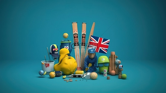 英格兰与澳大利亚板球队的 3D 渲染，配有锦标赛装备和蓝色背景