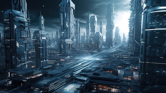 城市和背景图片_3d 渲染中的未来城市和宇宙飞船
