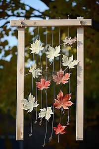 秋天背景图片_白色和银色的枫叶挂在木框架上的绳子上