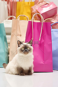 一只猫坐在购物袋旁边
