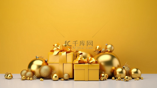 黄色主题圣诞节和新年问候与 3D 礼品盒插图