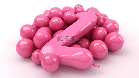 在白色背景上隔离的从 a 到 z 的完整字母表的 3d 插图中键入 3 个粉红色气球
