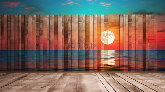 充满活力的木墙的 3D 渲染，背景是宁静的大海和满月