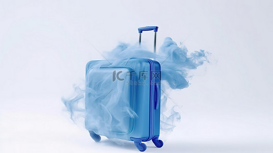 白色小飞机背景图片_创意之旅的 3D 插图蓝色手提箱和塑料袋在白色背景上飞行