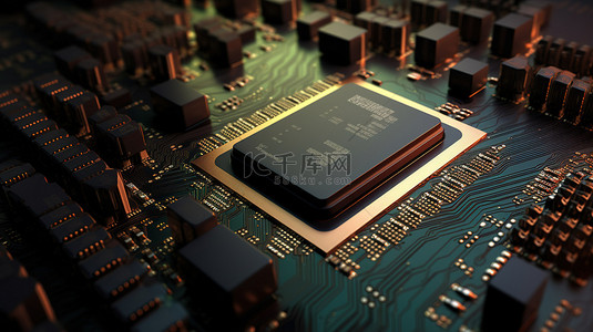 电子行业概念的特写视图与 PC CPU 芯片的 3D 插图