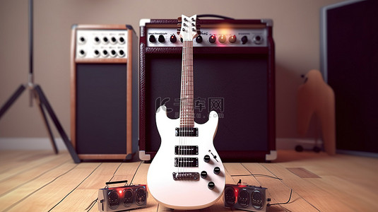 电音设备背景图片_带电吉他的分组扬声器的 3D 渲染