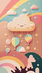 云朵卡通彩虹背景图片_云朵热气球彩虹卡通可爱的背景