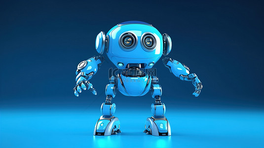机器蓝色背景图片_带有面部监视器的机器人的 3D 插图，在蓝色背景下使用手臂和腿执行动态运动