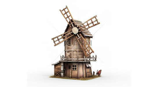 农业风车背景图片_白色背景下乡村风车农场的 3D 渲染