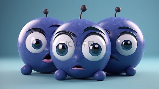 可爱的卡通风格蓝莓在 3D 渲染中栩栩如生