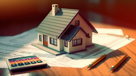 贷款申请表上带有抵押计算器和房屋形状笔的木桌的 3D 渲染图像