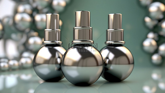 化妆品滴管瓶子背景图片_金属球上化妆品滴管瓶的 3D 渲染