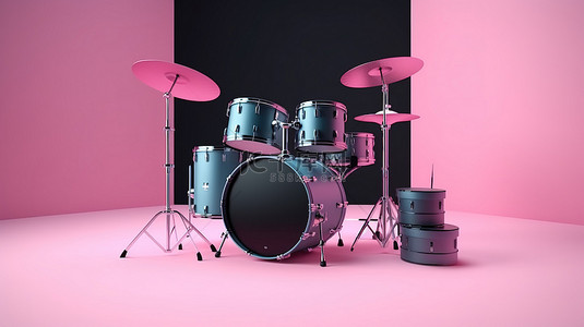 蓝色和黑色专业鼓套件在充满活力的粉红色背景 3D 渲染上模拟