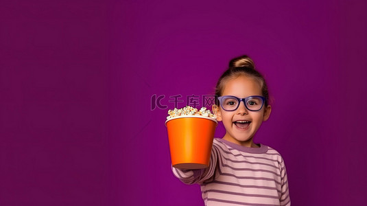 小爆米花背景图片_戴着 3D 眼镜和一大桶爆米花的年轻人在紫色隔离墙上指示方向