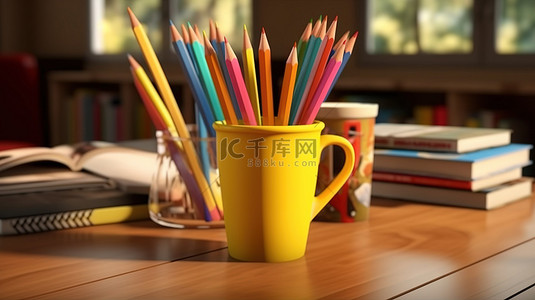 准备学习教育主题的 3D 渲染，桌上有书籍咖啡杯和铅笔