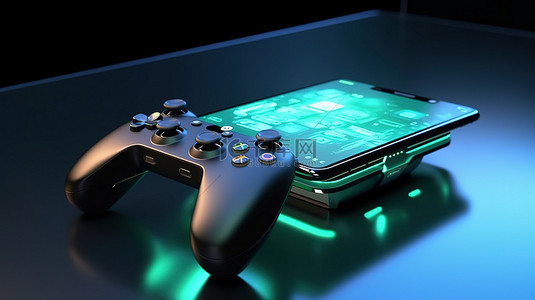 专为游戏设计的智能手机的 3D 插图，配有控制台控制器游戏手柄和充足的复制空间