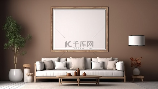 浅灰色沙发抛光木家具和台灯的室内设计可视化 3D 渲染