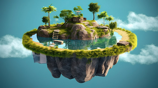 稀疏的漂流岛屿集合，带有 3D 渲染的方向标牌