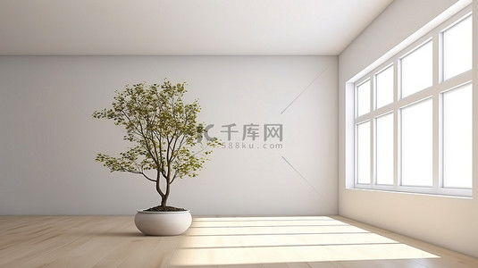 内页样机背景图片_画廊 3D 模型渲染内的空墙和树木装饰