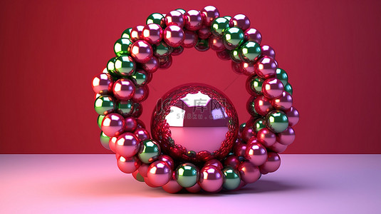闪亮紫色背景图片_闪闪发光的红色圣诞装饰品的发光 3D 渲染，位于淡紫色背景上的圆形绿色花环内