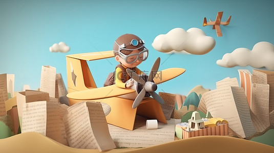 顽皮的孩子在纸板飞机背景的 3D 插图中翱翔高高