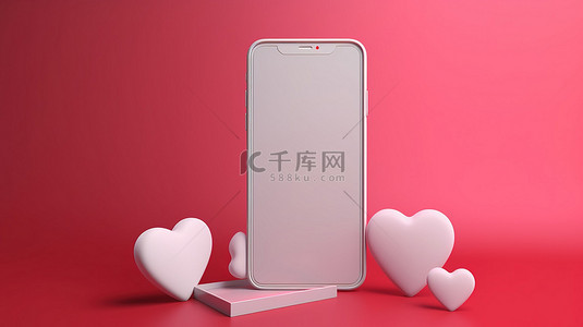 手机空白屏幕背景图片_3D渲染智能手机空白屏幕上的红心和日期应用程序象征着在线爱情