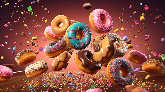 甜海报背景图片_糖果店的甜点采用 3D 横幅设计，其中包含一系列掉落的甜甜圈