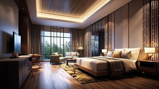 中式现代背景图片_酒店精致的中式主题套房，配有电视 3D 渲染