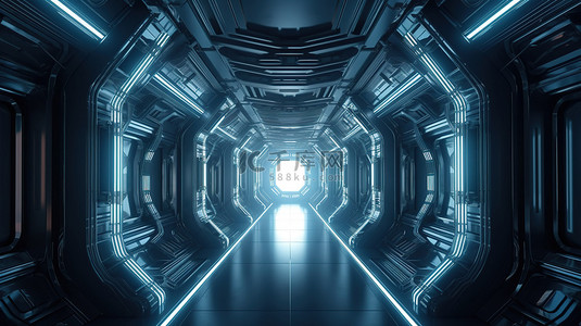 科技背景暗背景图片_蓝色科幻走廊 3D 渲染中的未来派抽象背景