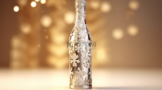 节日香槟瓶与 3d 雪花庆祝圣诞节和新年