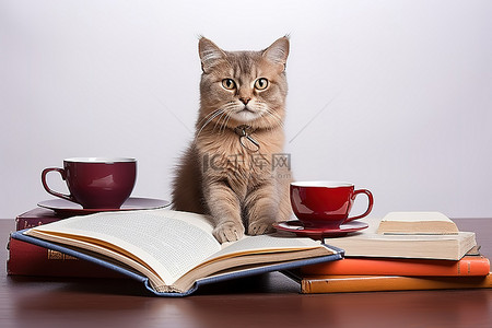 棕色的猫坐在书杯和书旁边