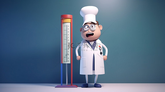 穿着制服和听诊器的卡通医生角色站在大温度计 3D 渲染旁边