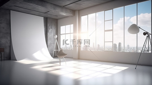 室内工作室用 3D 渲染阳光天空和阴影通过白色窗口显示拍摄