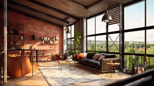 工业风格背景图片_3D 渲染阁楼公寓，带工业风格室内阳台