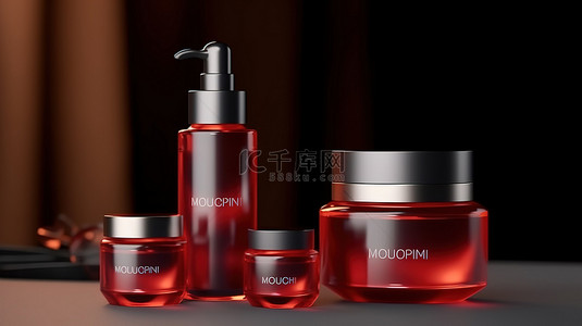 产品护肤品背景图片_优雅的 3D 渲染红色护肤品包装，配有奶油罐和水滴玻璃瓶