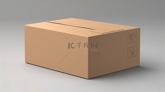 在白色表面 3d 渲染上用棕色包装胶带密封的封闭纸板箱